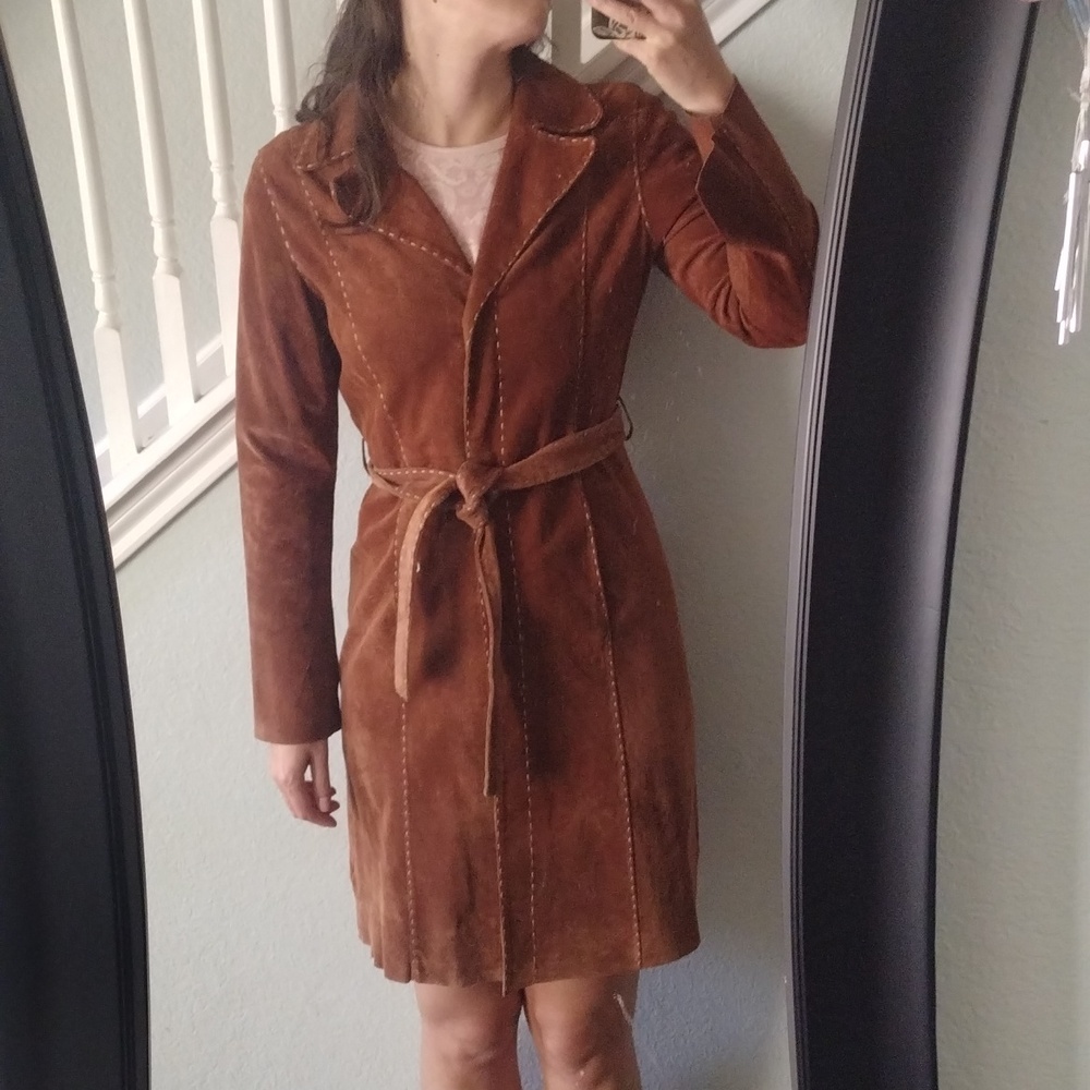 Wilsons Leather Pelle Studio Suede Trench Coat Tan Belted 70s Sz M
